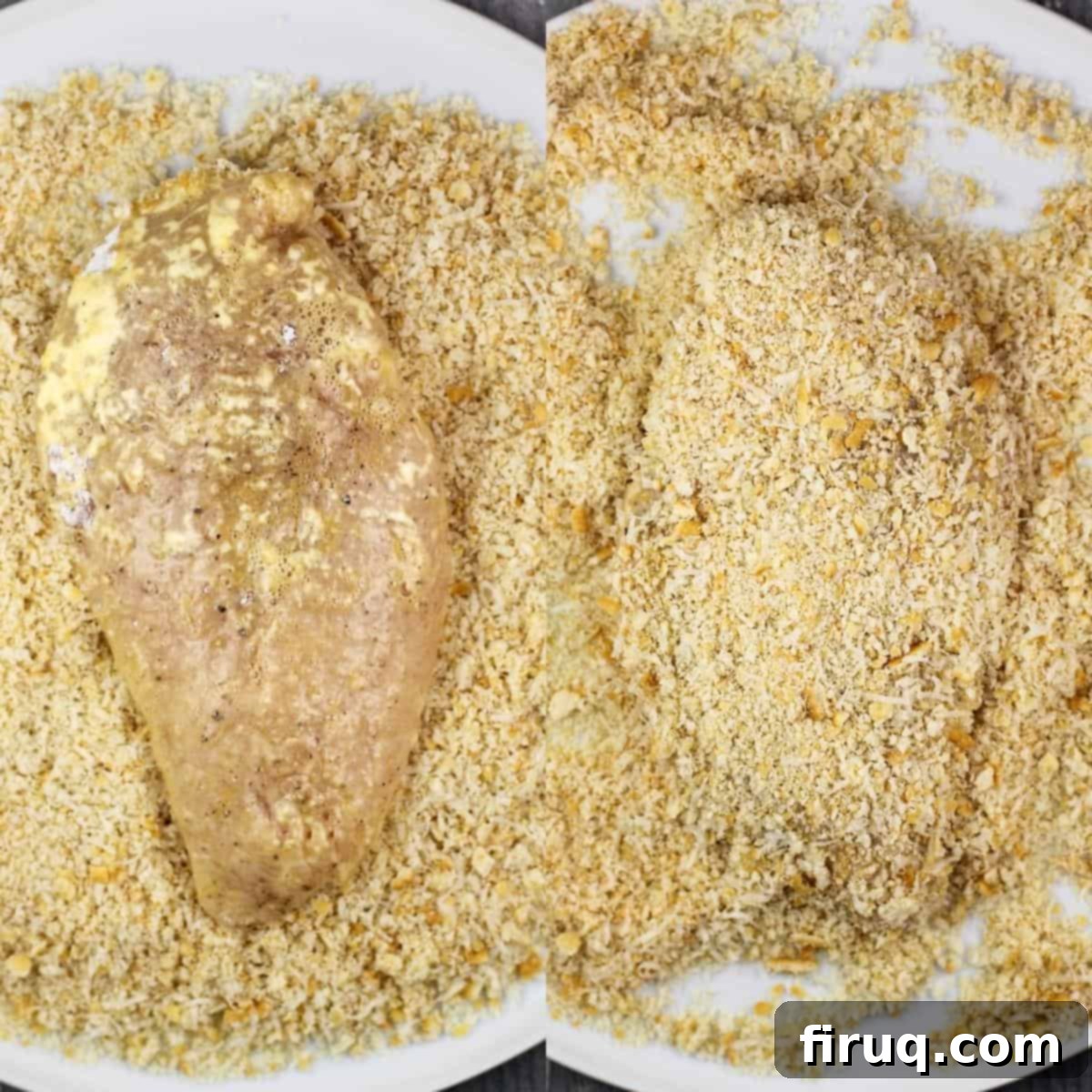 Baja Chicken Parmesan 7 collage of 2 photos showing chicken in cracker crumb mixture