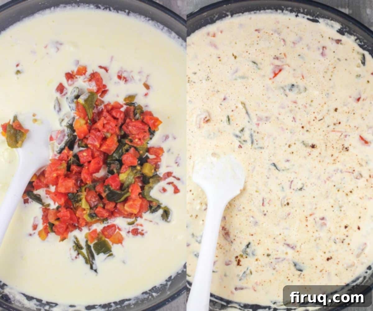 Baja Chicken Parmesan 10 collage of 2 photos: left, tomatoes and poblano pepper added to spicy alfredo sauce; right, mixture combined