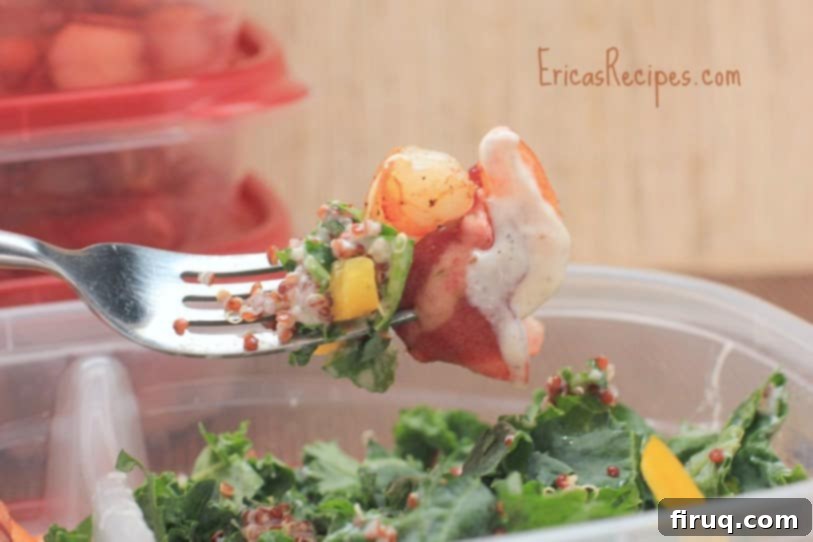 Bacon Wrapped Shrimp with Vibrant Greens and Grains Dressed in Zesty Buttermilk 6 Bacon-Wrapped Shrimp with Kale and Quinoa Salad