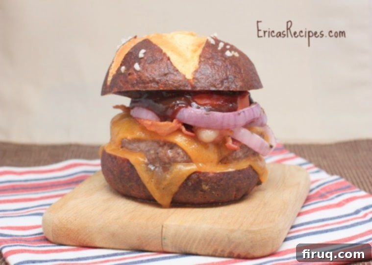 Artisan Pretzel Bun BBQ Bacon Double Cheeseburgers 2 BBQ Bacon Double Cheeseburgers on Homemade Pretzel Buns | EricasRecipes.com