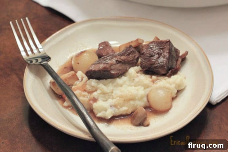 The Julia Child Boeuf Bourguignon 12 Final plated Julia Child's Boeuf Bourguignon, ready to serve