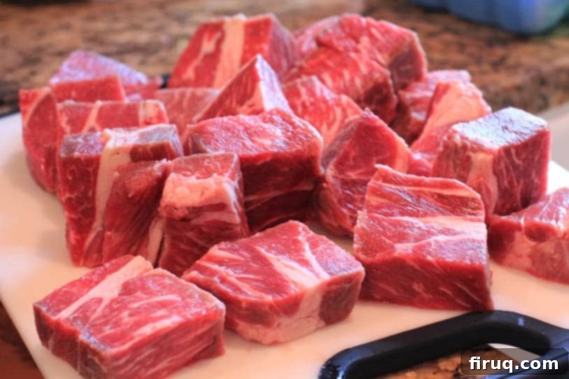 The Julia Child Boeuf Bourguignon 4 Beef cubes, some more rectangular than cubed, prepared for browning