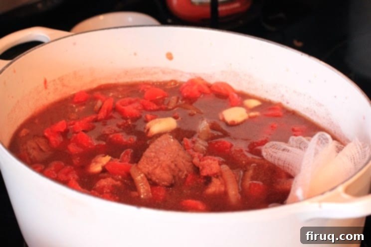 The Julia Child Boeuf Bourguignon 7 Boeuf Bourguignon stew ready for the oven in a Dutch oven