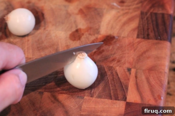 The Julia Child Boeuf Bourguignon 8 Pearl onions with scored root ends for tender cooking in Boeuf Bourguignon