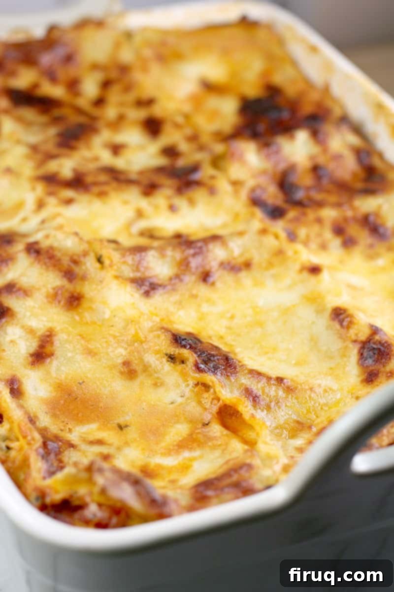 Classic Lasagna 3 angled view of the classic lasagna, fully cooked in a ceramic lasagna dish