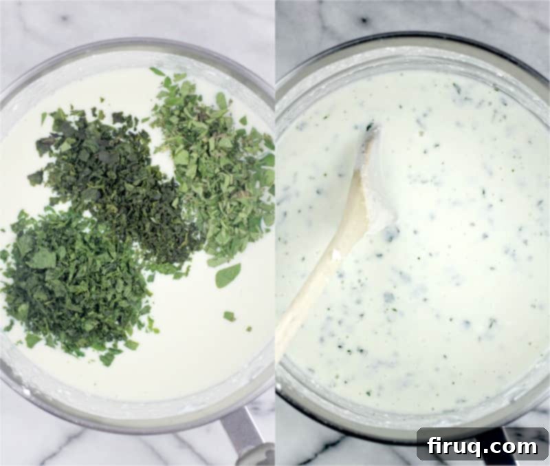Classic Lasagna 6 collage of 2 photos: left, the 3 herbs on top of the bechamel in a medium saucepan on a marble surface; right, the herbs mixed in with a wooden spoon