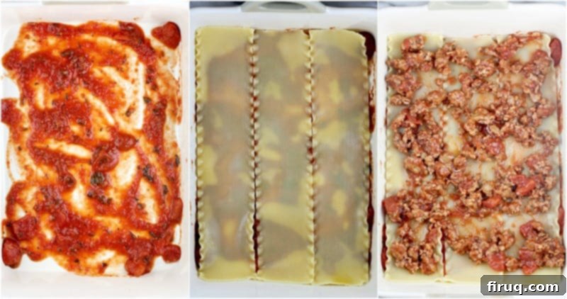 Classic Lasagna 8 collage of 3 photos to show the steps and lasagna ingredients: left, sauce in the lasagna dish; center, 3 noodles laid out to form the first pasta layer; right, first layer of meat sauce