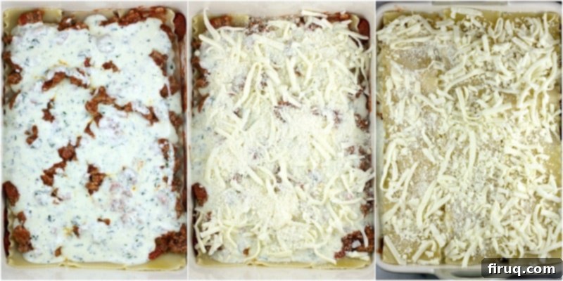 Classic Lasagna 9 collage of 3 photos to show the next steps and lasagna ingredients: left,ricotta-herb  sauce over the meat sauce layer; center, the cheeses; right, the final pasta layer topped with cheeses