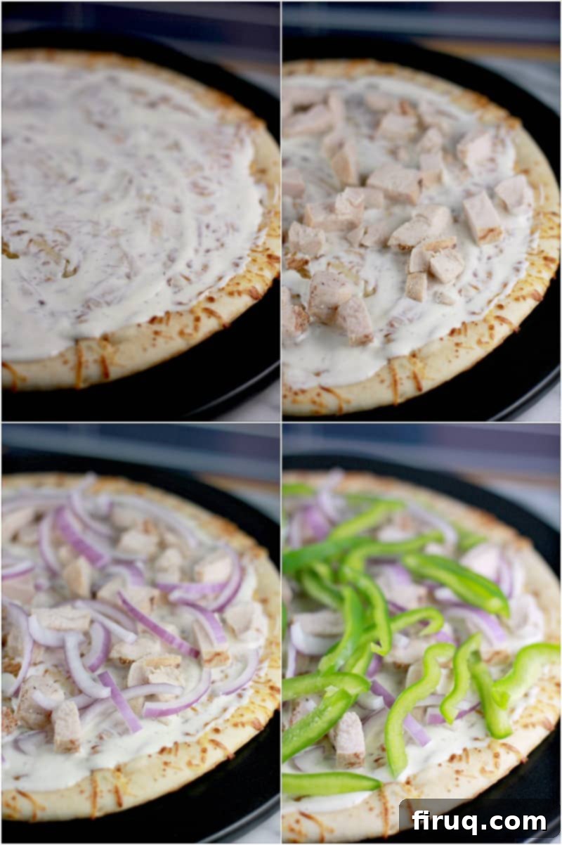 Spicy Buffalo Turkey Pizza 5 Collage of four photos showing the layers of pizza toppings on the pizza crust; ranch, turkey, onion, and green bell pepper