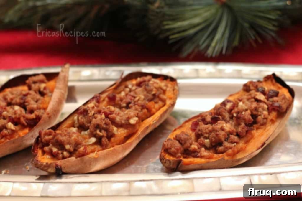 Biscoff Cranberry Stuffed Sweet Potatoes 3 Close-up of Twice Baked Sweet Potatoes with Streusel Topping