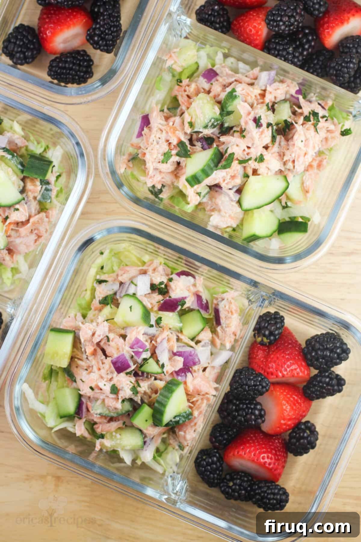 Meal Prep Salmon Salad 3 glass meal prep containers with salmon salad and berries