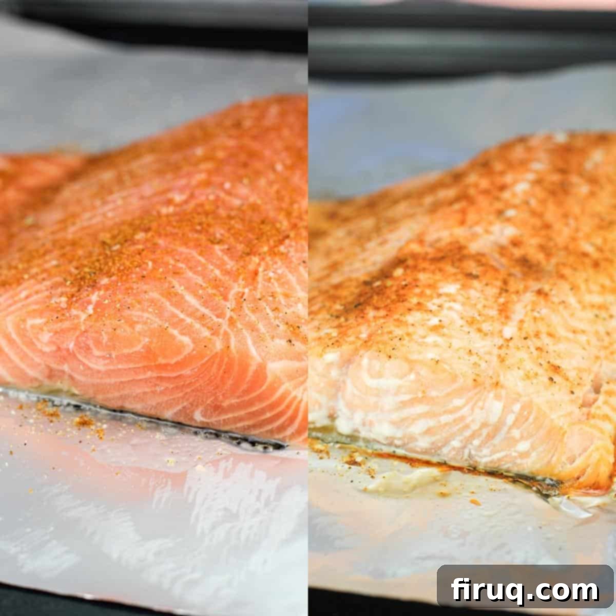 Meal Prep Salmon Salad 5 collage of 2 photos: left, raw salmon on foil; right, cooked salmon on foil