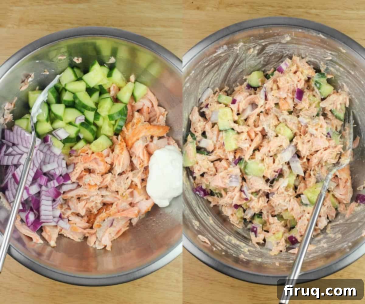 Meal Prep Salmon Salad 6 collage of 2 photos: left, ingredients in metal bowl; right, ingredients combined