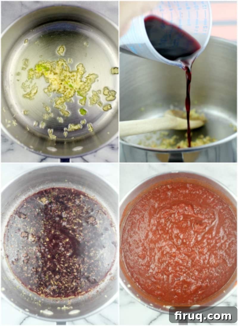 Perfect Homemade Pizza Sauce 4 collage of 4 photos showing preparation: upper left, garlic in the pan; upper right, wine pouring into the pan; lower left, wine and garlic combined; lower right; assembled sauce ready to simmer