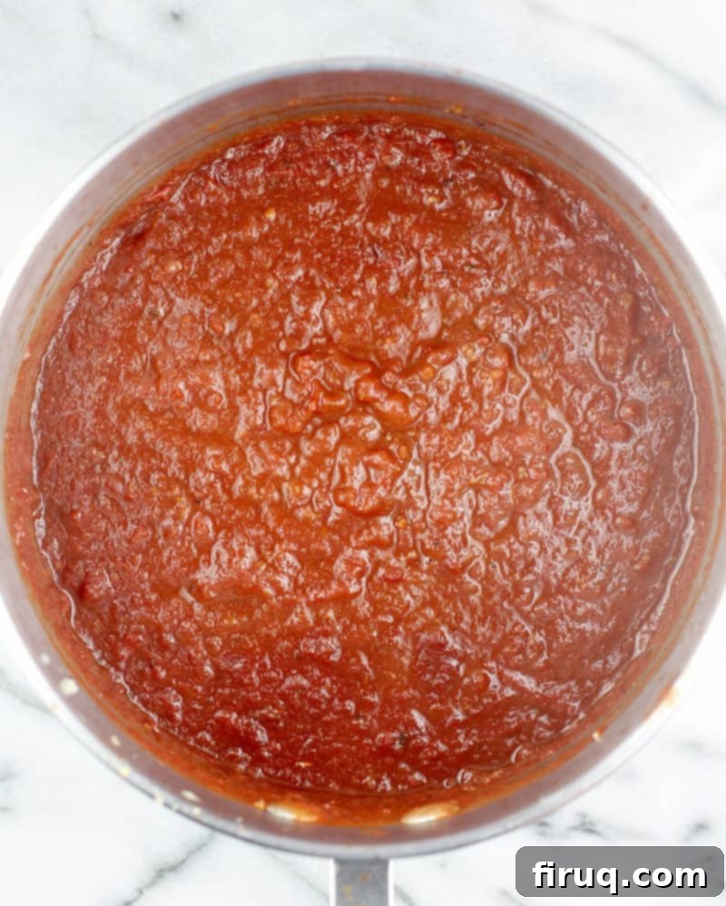 Perfect Homemade Pizza Sauce 6 top down view into pan with finished recipe