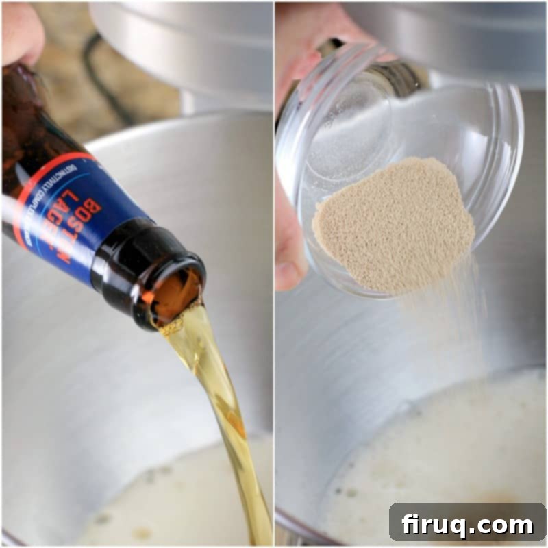 Sam Adams Hoppy Pizza Crust 5 collage of 2 photos: left, beer pouring; right, yeast being poured into bowl