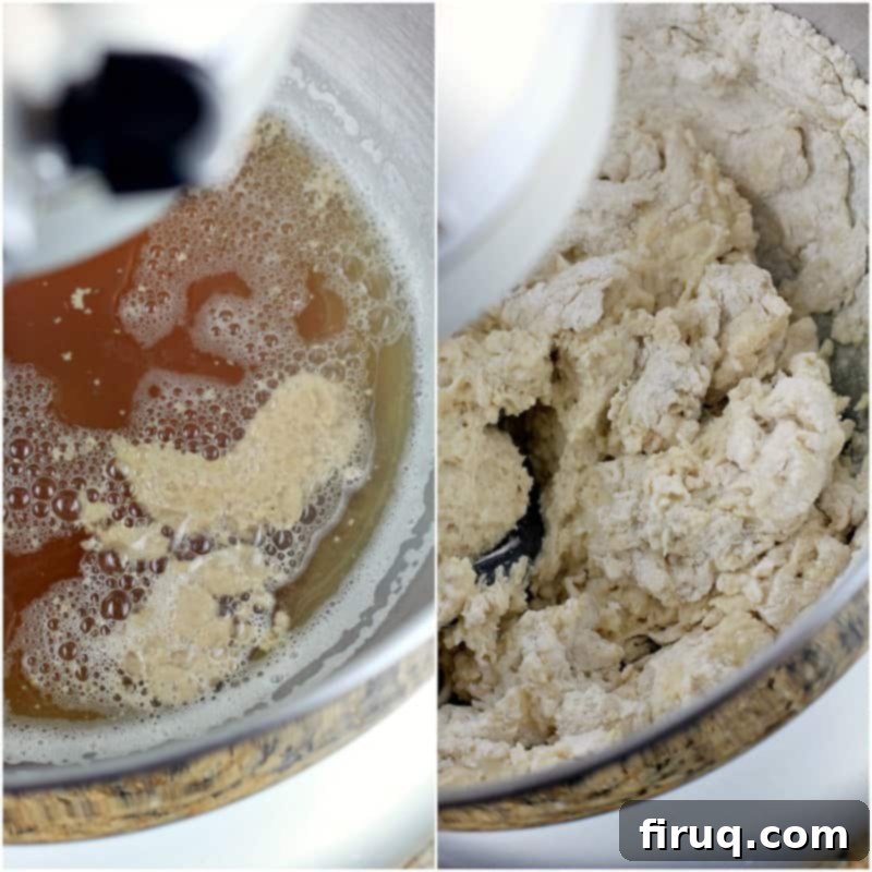 Sam Adams Hoppy Pizza Crust 6 collage of 2 photos: left, yeast proofing in beer; right, dough mixing