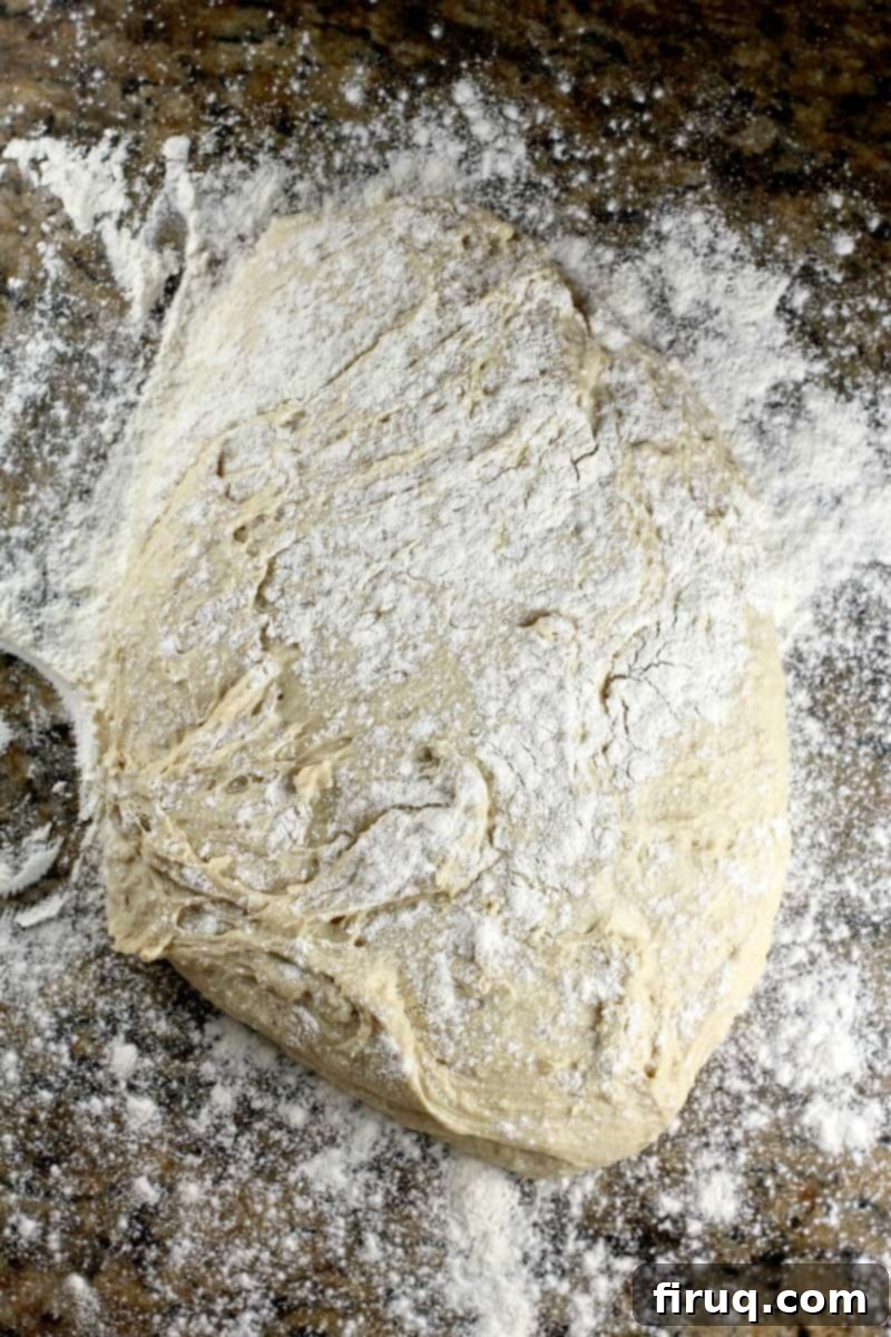 Sam Adams Hoppy Pizza Crust 8 risen dough on marble surface with flour sprinkled over top