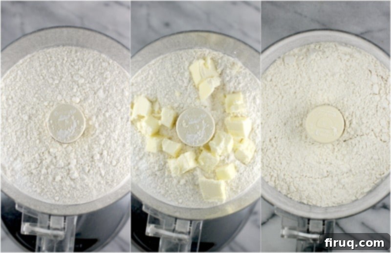 Fluffy Southern Buttermilk Biscuits 4 collage of 3 photos: left, dry ingredients in a food processor; center, butter added; right; butter incorporated into the dry ingredients