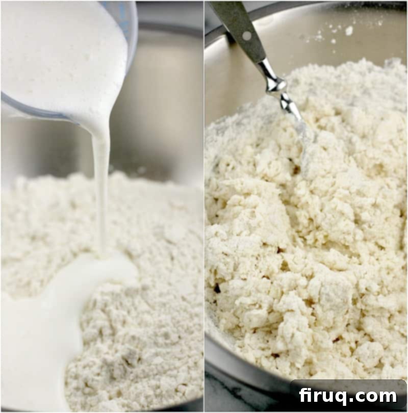 Fluffy Southern Buttermilk Biscuits 5 collage of 2 photos: left, buttermilk being poured into the bowl; right, a fork combining the buttermilk into the rest of the ingredients to form the biscuit dough
