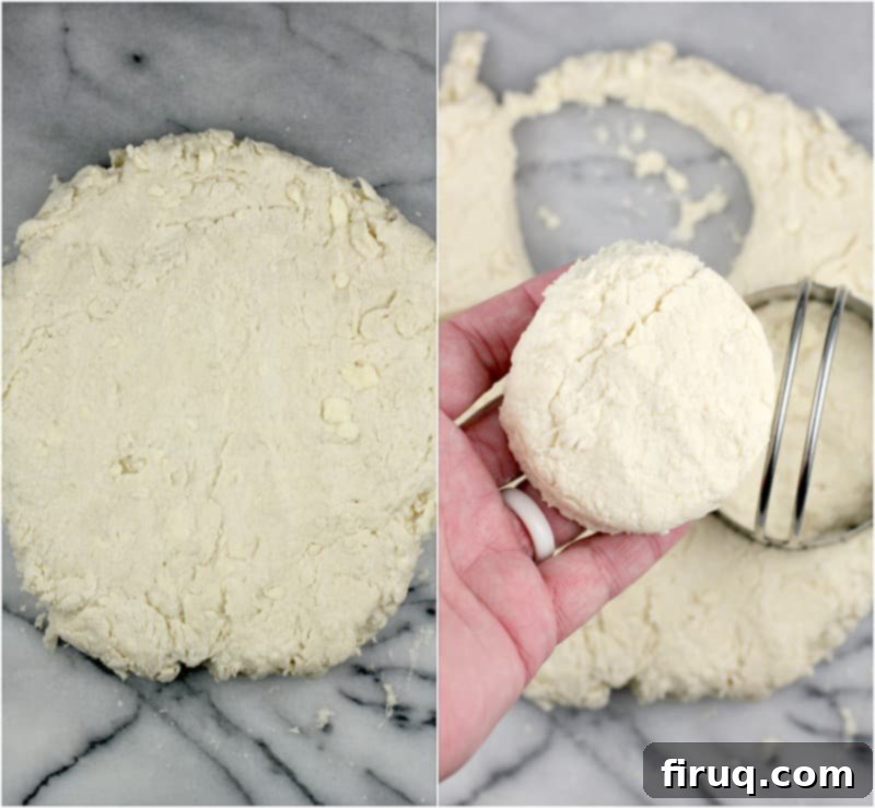 Fluffy Southern Buttermilk Biscuits 6 collage of 2 photos: left, the formed disk of dough; right, a hand holding a cut round of dough