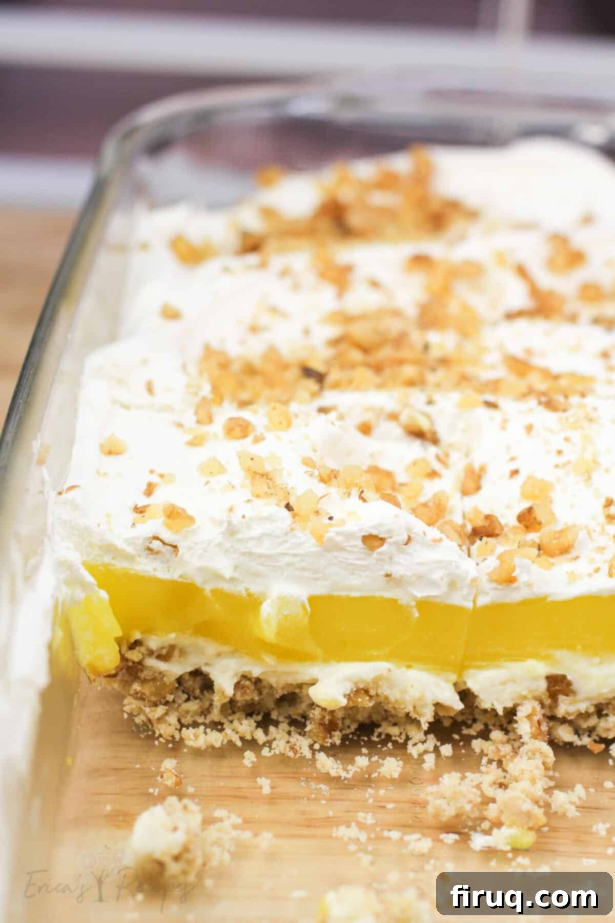 Zesty Lemon Bliss 3 lemon delight in Pyrex bake dish, cross section to show layers
