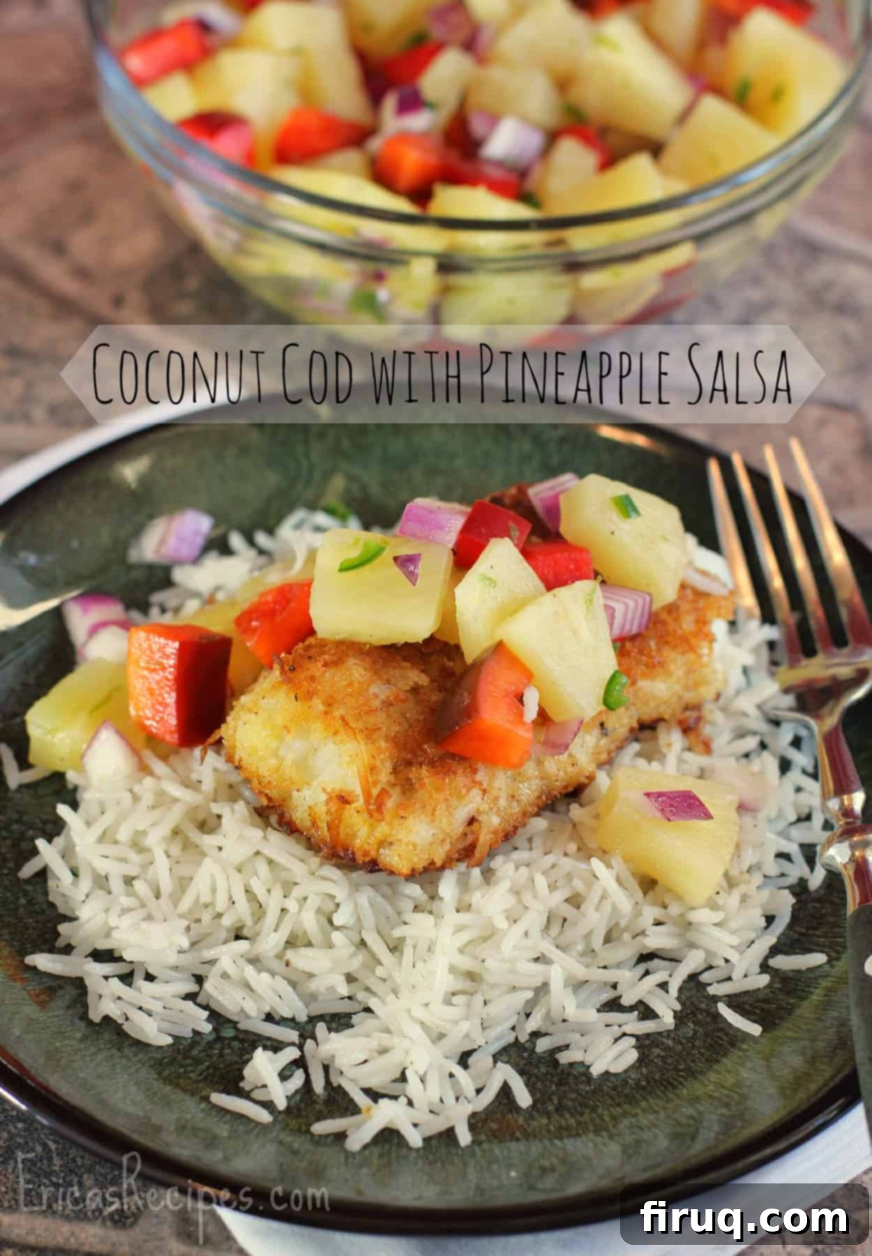 Pan-Seared Coconut Cod with Fresh Pineapple Salsa 5 Light and crispy coconut crusted cod, topped with a lovely pineapple salsa and served over coconut rice. This inspired Coconut Cod with Pineapple Salsa recipe combines elements into a lovely dinner for all. #seafoodrecipe #fishrecipe #codrecipe #coconutcod #food #salsa