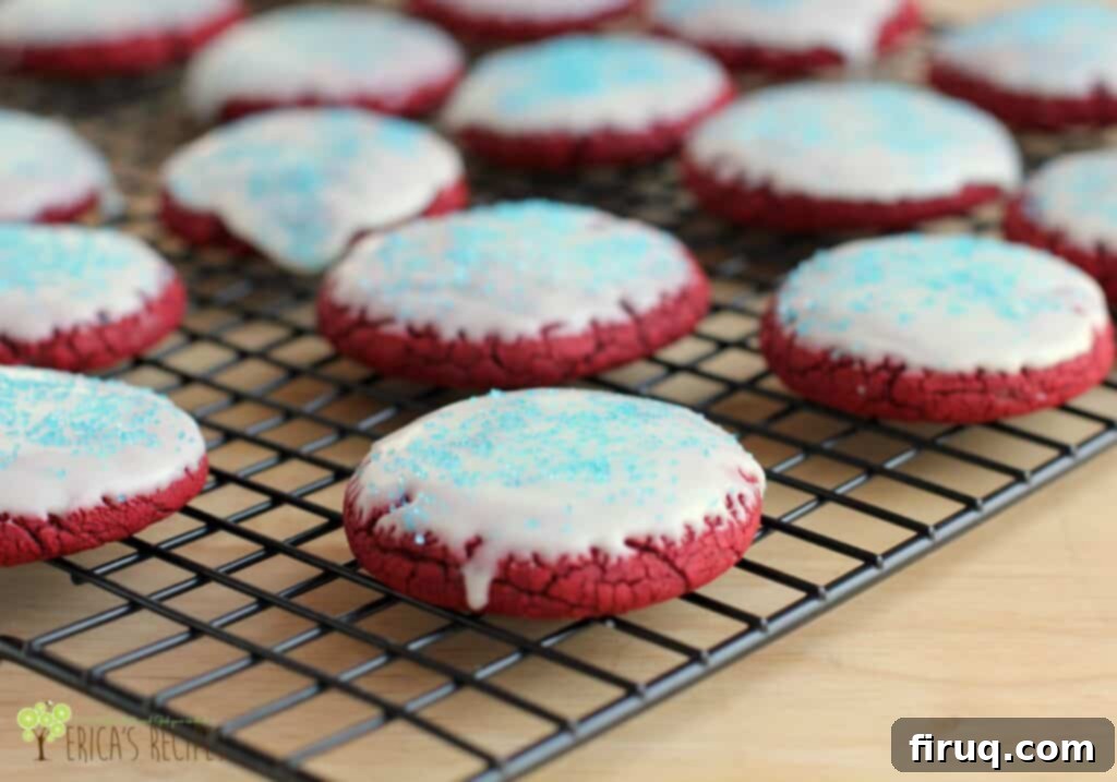 Irresistible Red Velvet Cake Mix Cookies 2 Red Velvet Cake Mix Cookies with White Glaze and Blue Sprinkles