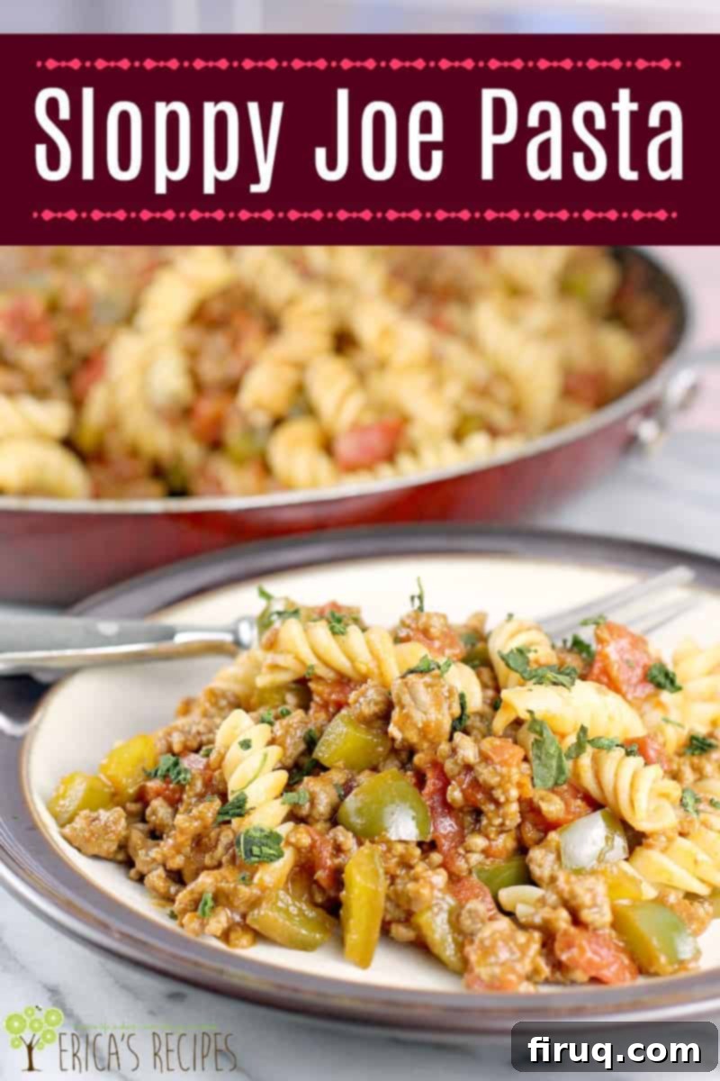 Homestyle Beef & Macaroni Bake 11 pin image; cheap sloppy joe dinner idea plated on a white and brown plate, placed on white marble board. Fork on the plate. Rest of the meal is in a skillet in the background, promoting the recipe on Pinterest.