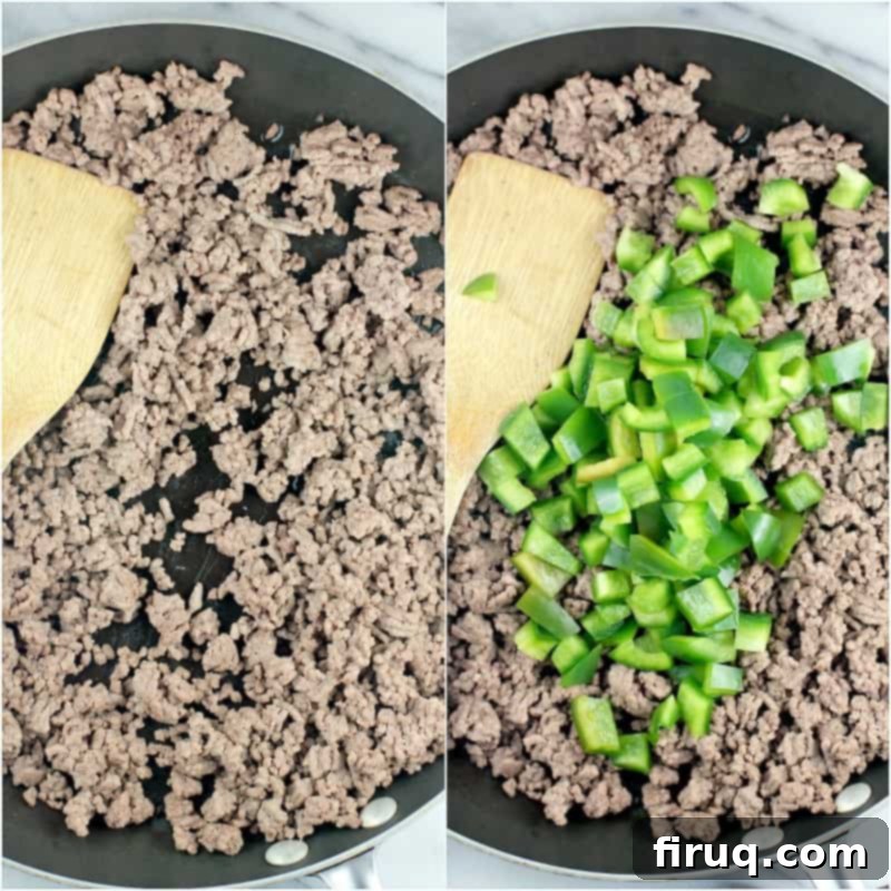Homestyle Beef & Macaroni Bake 4 collage of 2 photos: browned ground beef in a skillet; ground beef with green bell pepper added, showing the start of the sloppy joe pasta sauce