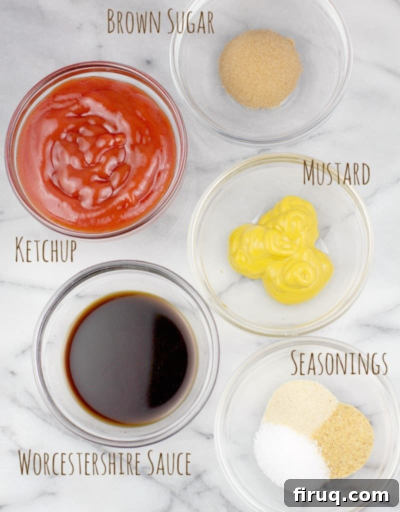 Homestyle Beef & Macaroni Bake 5 the ingredients for the sloppy joe mix in individual glass bowls on a white marble surface, ready for cooking