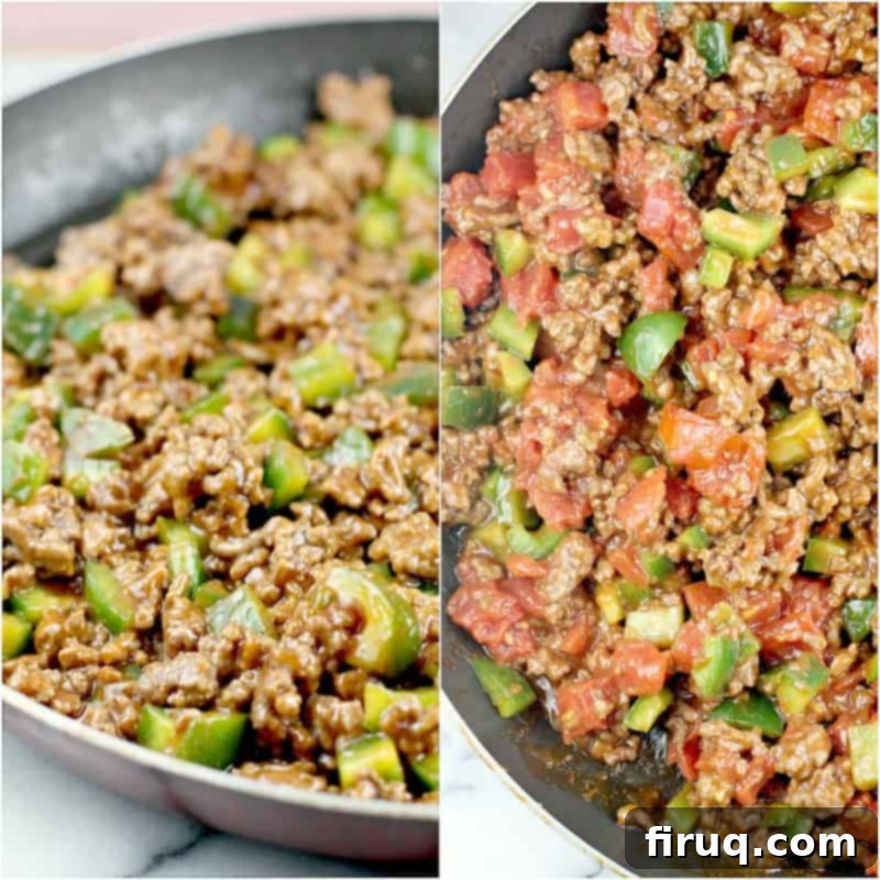 Homestyle Beef & Macaroni Bake 6 collage of 2 photos: left, browned ground beef, green bell pepper, and sloppy joe mix combined. right; mixture on the left with diced tomatoes added, showing the sauce coming together.