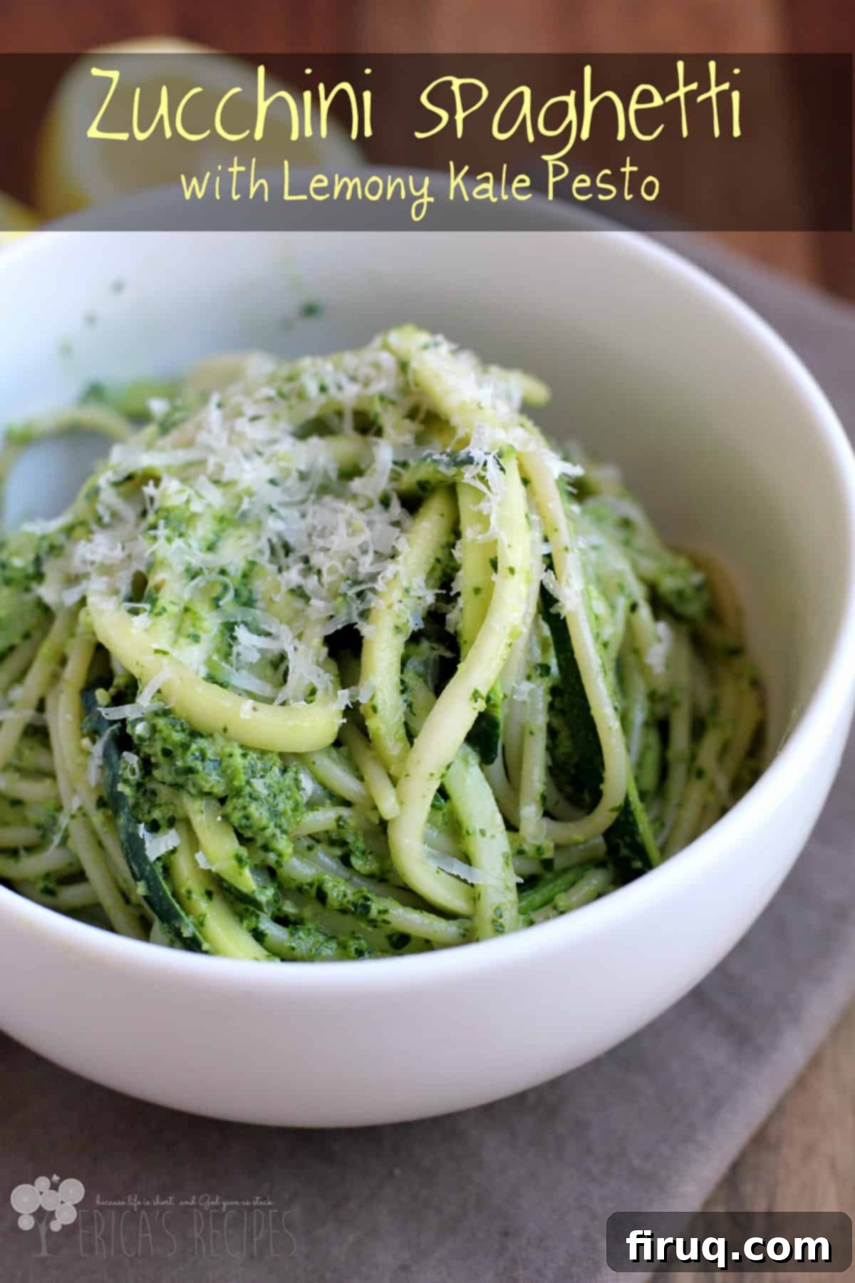 Zucchini Spirals with Zesty Kale-Lemon Pesto 5 pin image with text overlay recipe title