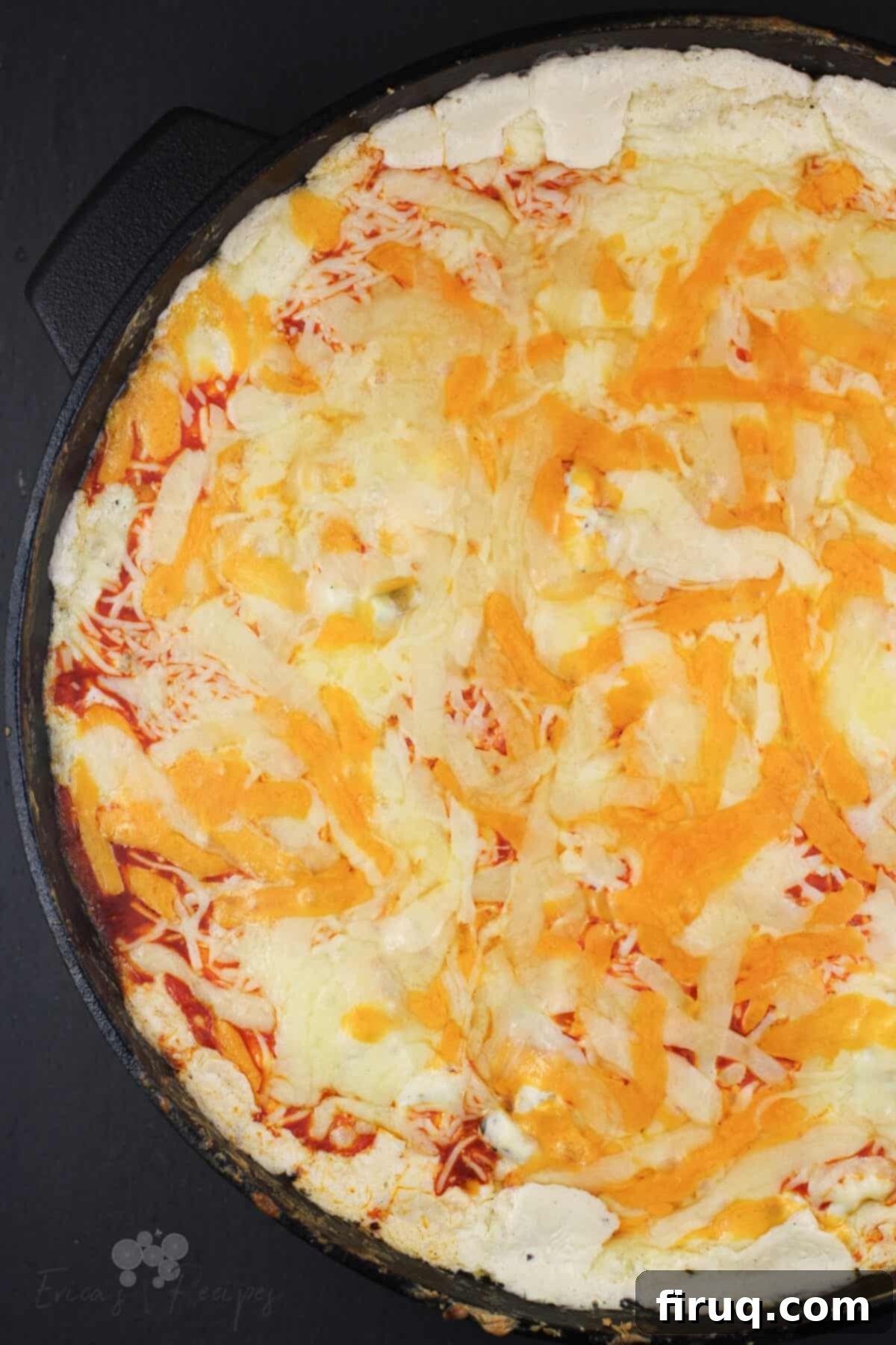 The Smokin' Buffalo Delight 3 top down view into cast iron skillet with prepared smoked dip