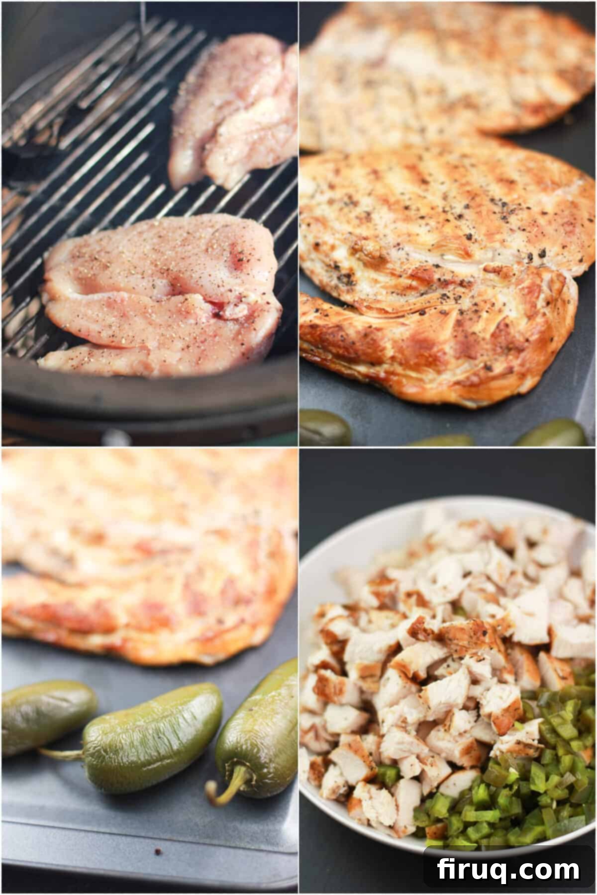 The Smokin' Buffalo Delight 4 collage of 4 photos, clockwise: uncooked chicken on grill grate; cooked chicken on bake sheet; smoked jalapenos on bake sheet; chopped chicken and jalapeno in white bowl
