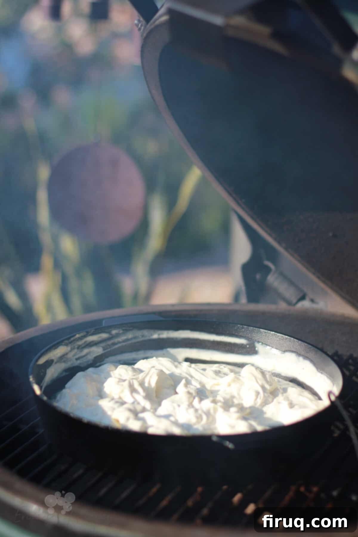 The Smokin' Buffalo Delight 5 side view of open Big Green Egg grill, cast iron with dip on grill grate inside