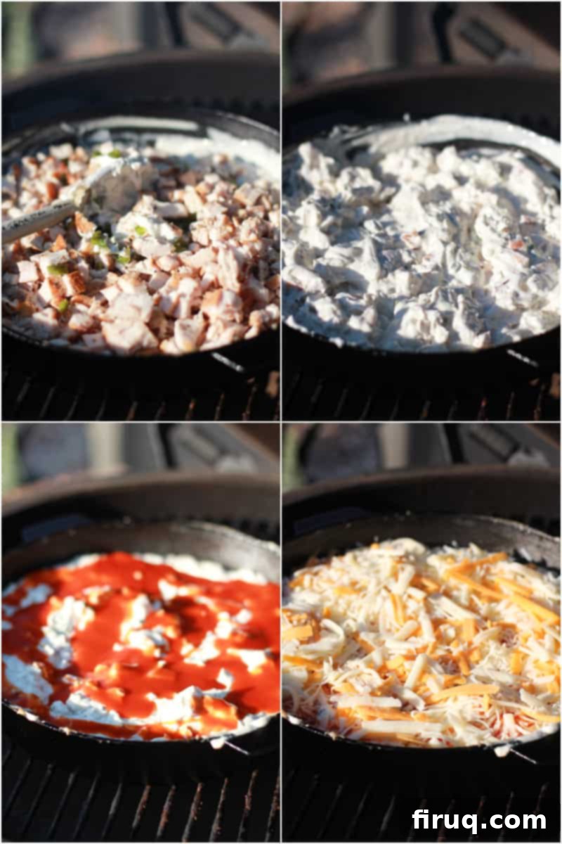 The Smokin' Buffalo Delight 6 collage of 4 photos, clockwise: chicken and jalapeno added to cream cheese and ranch in cast iron skillet on grill grate; ingredients combined; Buffalo sauce drizzled over cream cheese-chicken mixture; shredded cheeses layered over ingredients in cast iron skillet on grill grate
