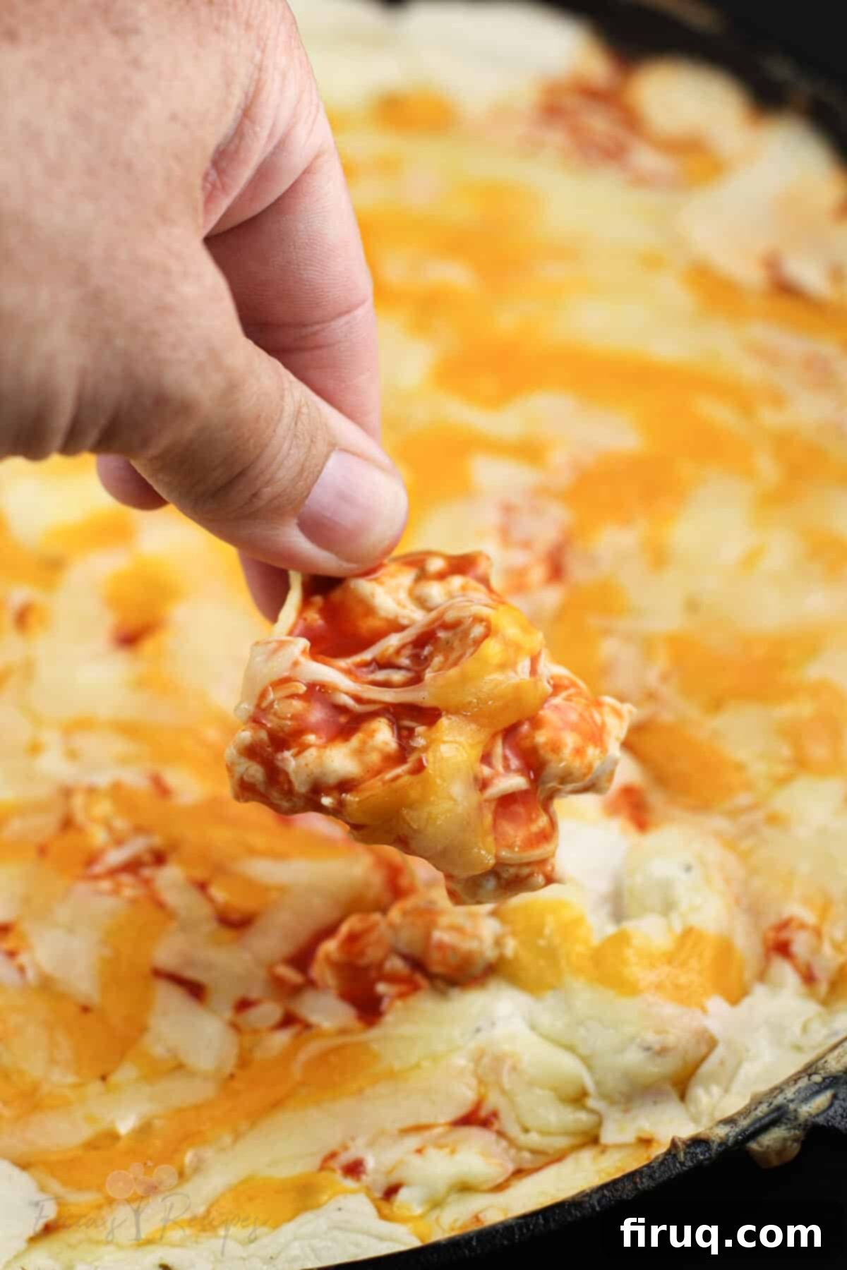 The Smokin' Buffalo Delight 7 hand holding a tortilla chip to scoop up dip