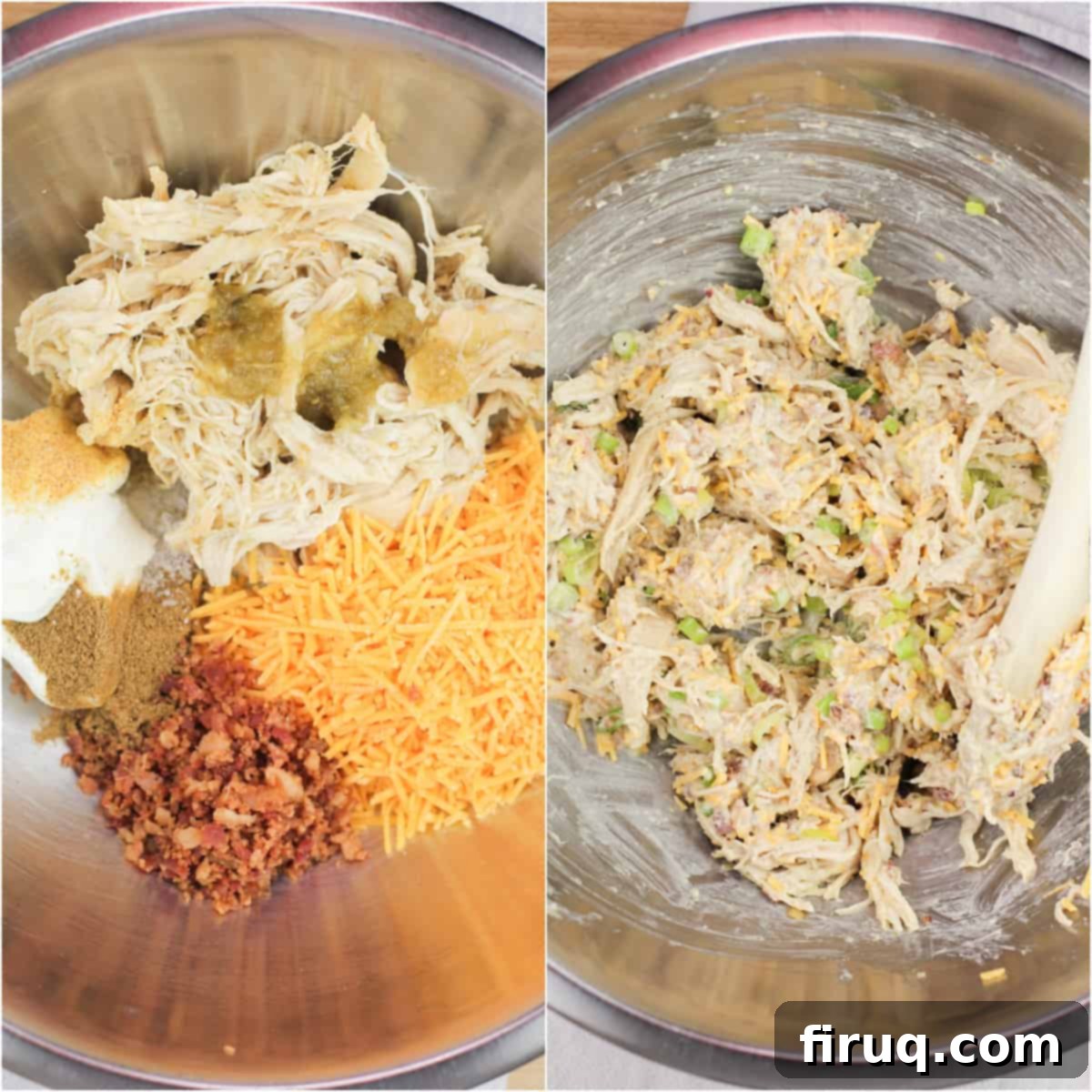 Crispy Mini Air Fryer Chicken Quesadilla 3 collage of 2 photos: filling ingredients in metal bowl; filling ingredients combined