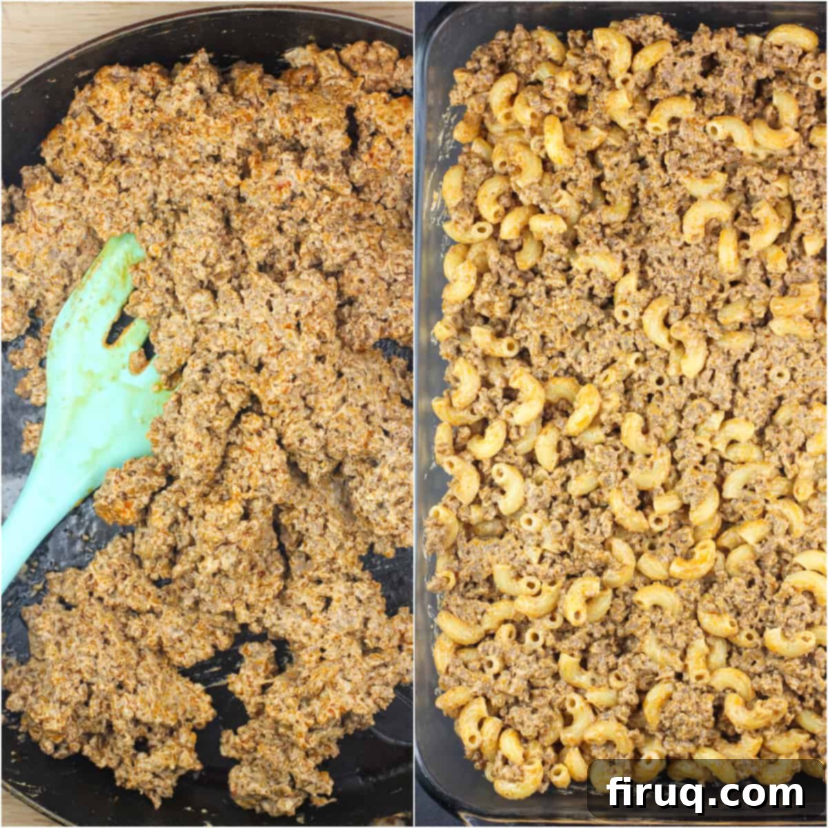 Southwest Mac & Beef Casserole 4 collage of 2 photos: left, beef-cream cheese mixture in skillet; right, beef and macaroni layer in back dish