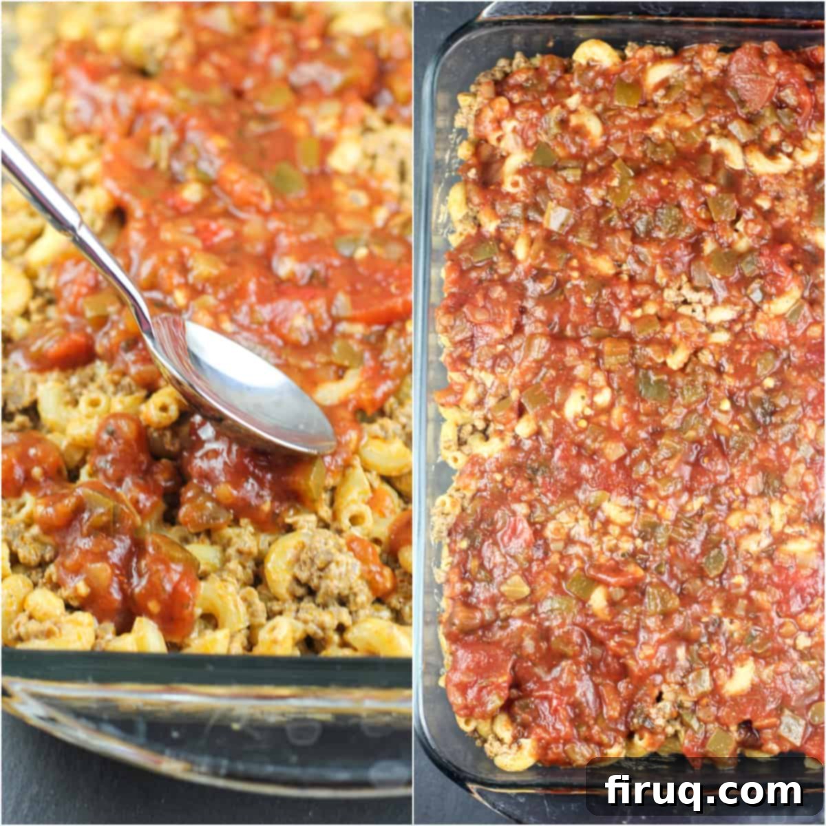 Southwest Mac & Beef Casserole 5 collage of 2 photos: left, spoon spreading salsa on macaroni-beef; right; salsa topped casserole