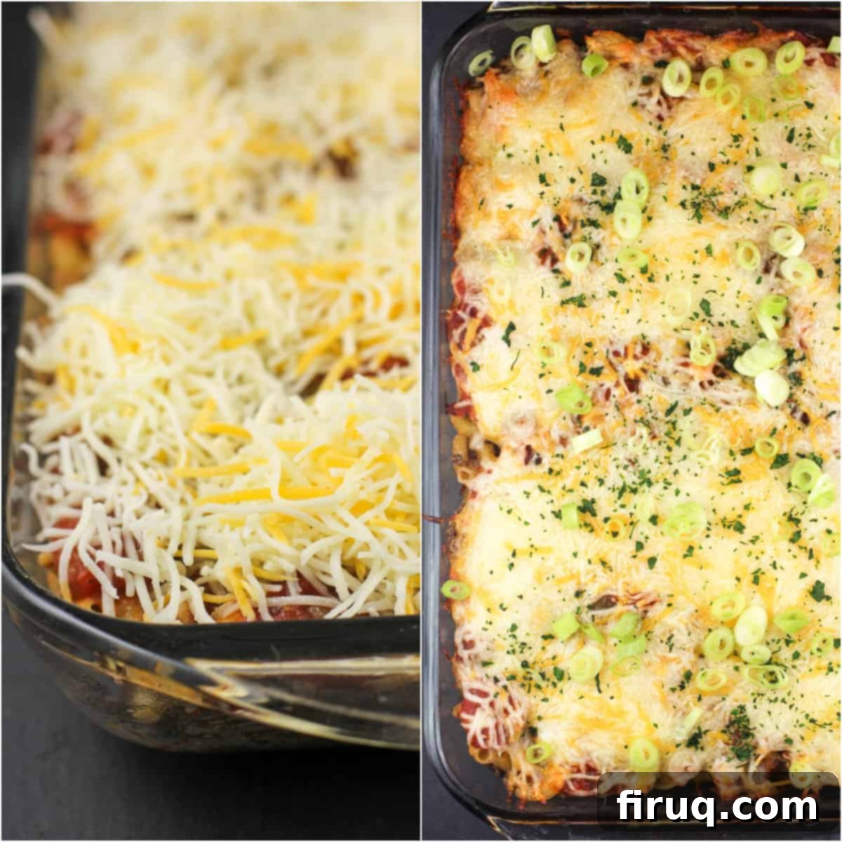 Southwest Mac & Beef Casserole 6 collage of 2 photos: left, cheese topped casserole; right, cooked casserole