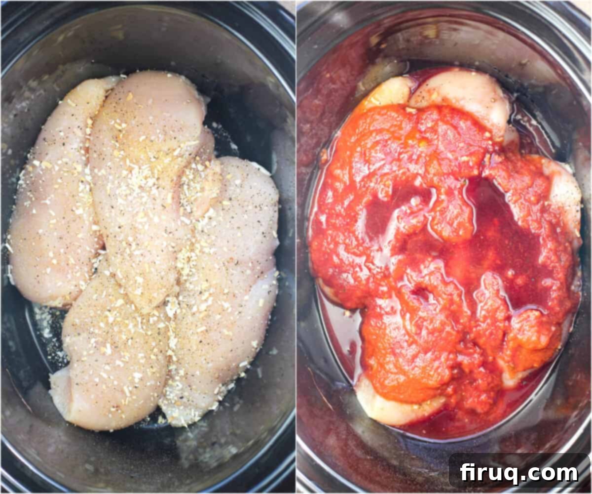 Zesty Chicken Pizzaiola Atop Spaghetti Squash Strands 4 collage of 2 photos: left, chicken breasts in slow cooker; right, chicken breasts in slow cooker topped with marinara and red wine