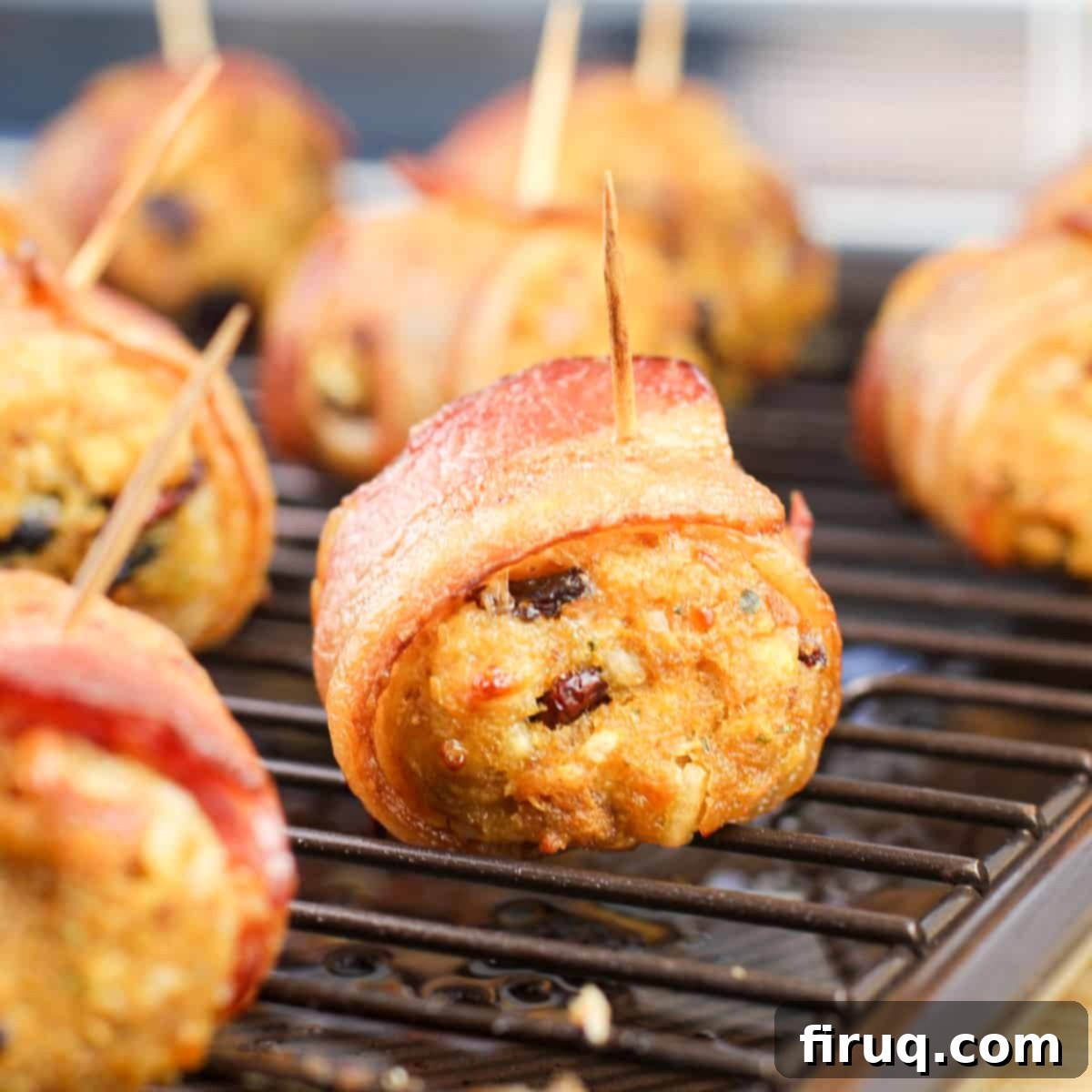Crispy Bacon Stuffing Bites 3 close-up view of a savory stuffing meatball with crispy bacon