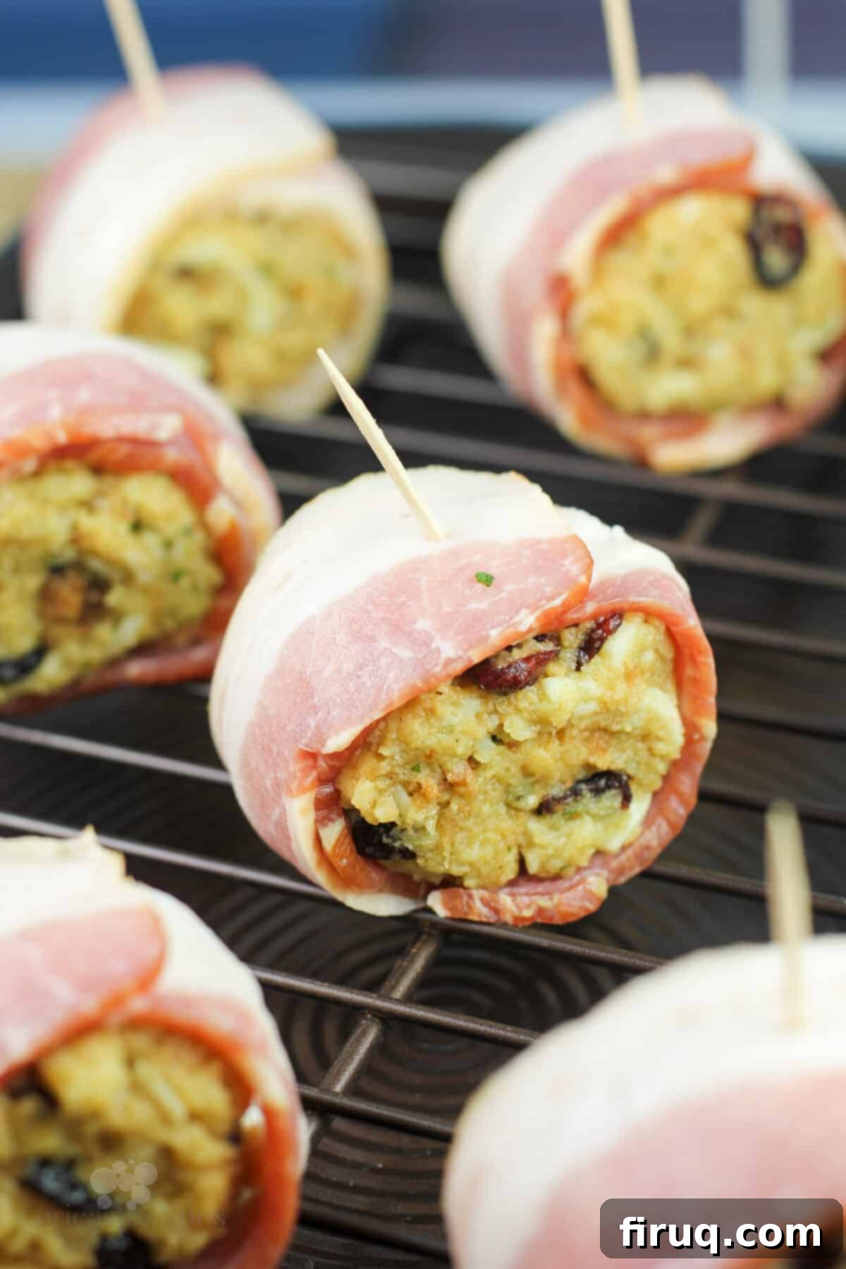 Crispy Bacon Stuffing Bites 5 uncooked ball of stuffing wrapped with bacon and secured with a toothpick