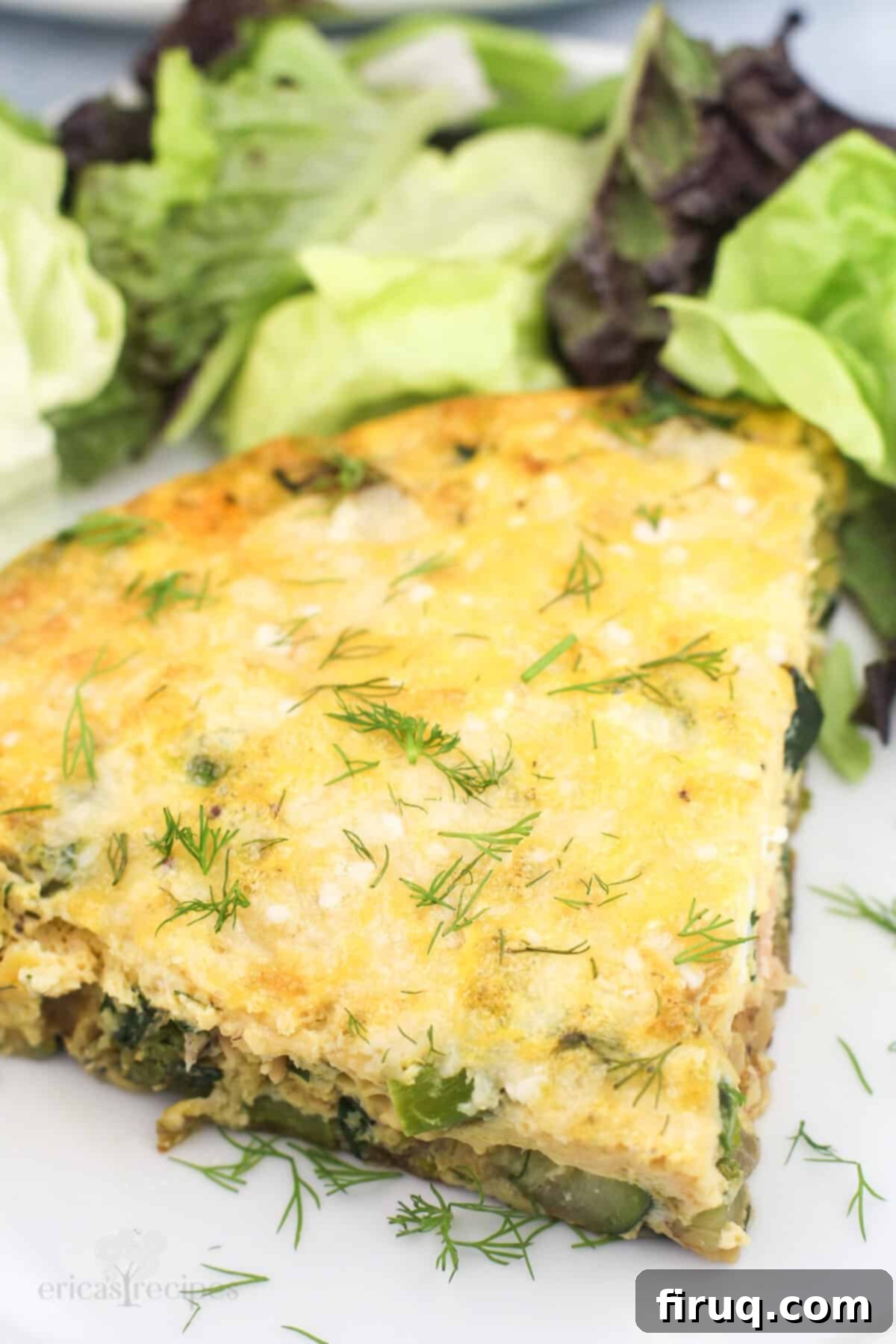 Savory Smoked Salmon and Vegetable Frittata 2 portion of vegetable frittata on white plate with salad