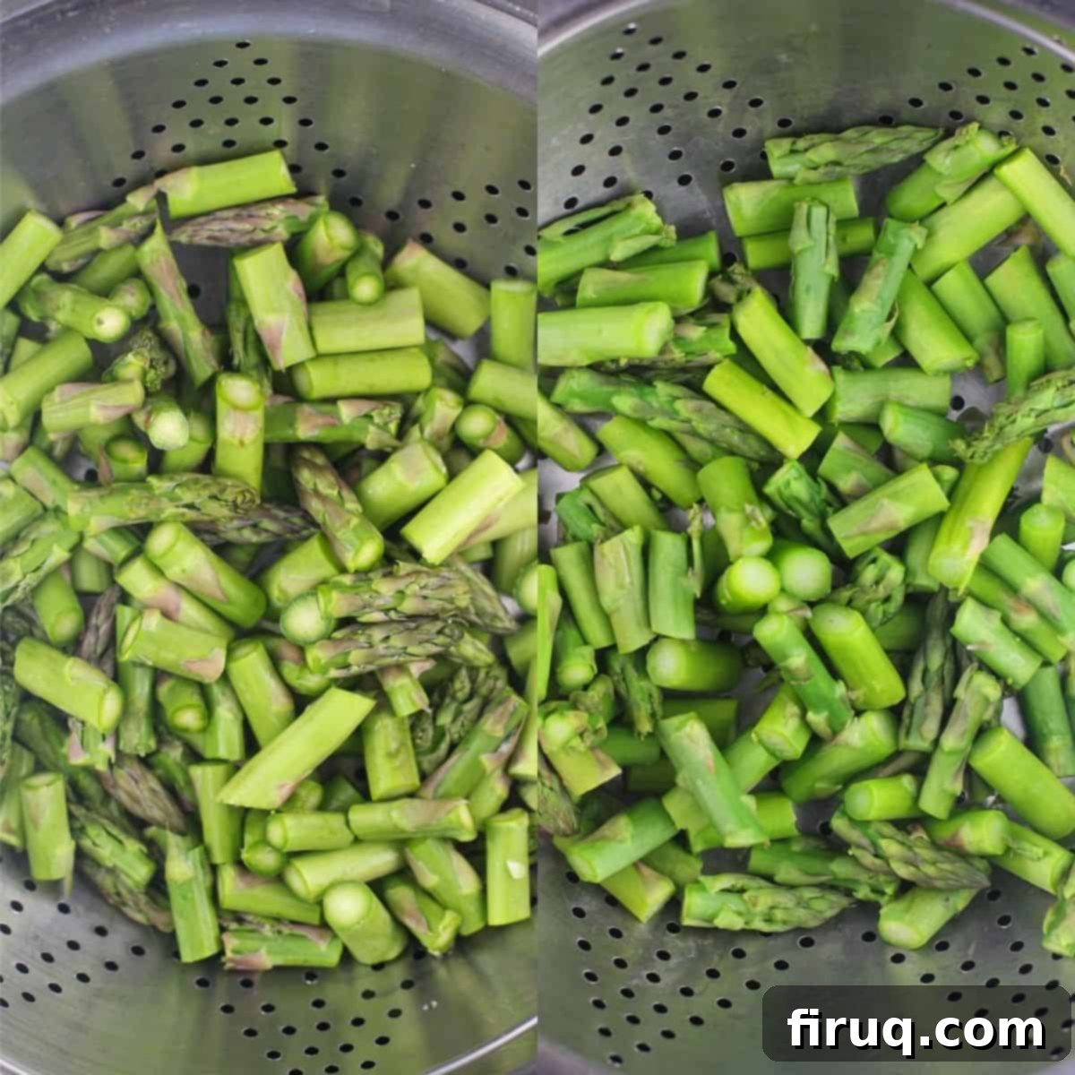 Savory Smoked Salmon and Vegetable Frittata 4 collage of 2 photos: left, raw chopped asparagus in steamer; right, asparagus after steaming