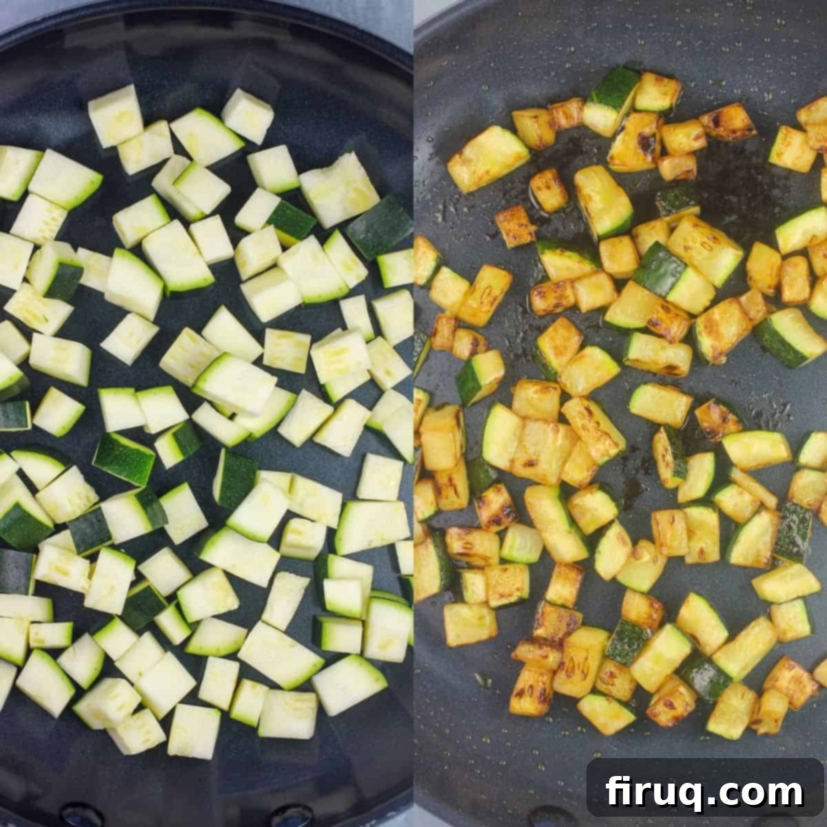 Savory Smoked Salmon and Vegetable Frittata 5 collage of 2 photos with zucchini in skillet: left, raw; right, cooked and browned