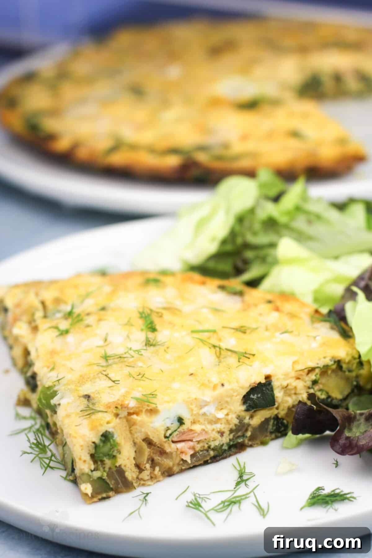 Savory Smoked Salmon and Vegetable Frittata 9 slice of vegetable frittata on white plate with salad