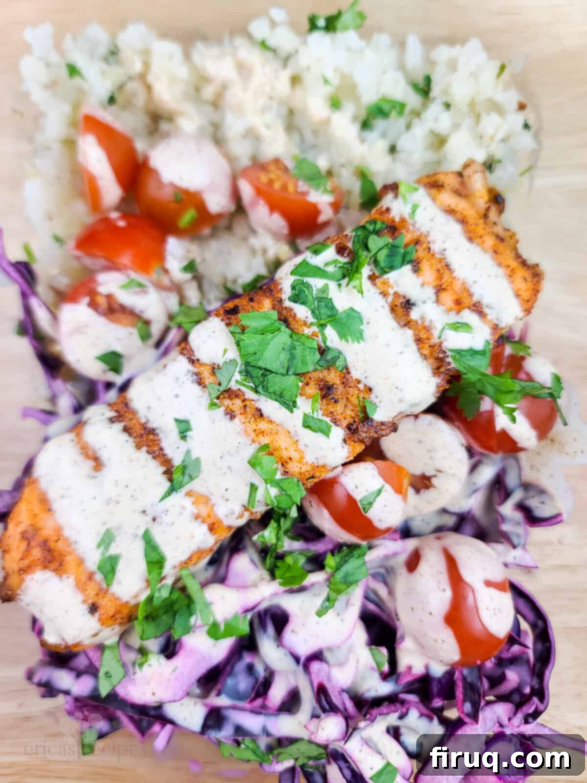 Spicy Chipotle Salmon and Cauliflower Rice Meal Prep 6 prepared meal prep salmon with veggies in glass dish